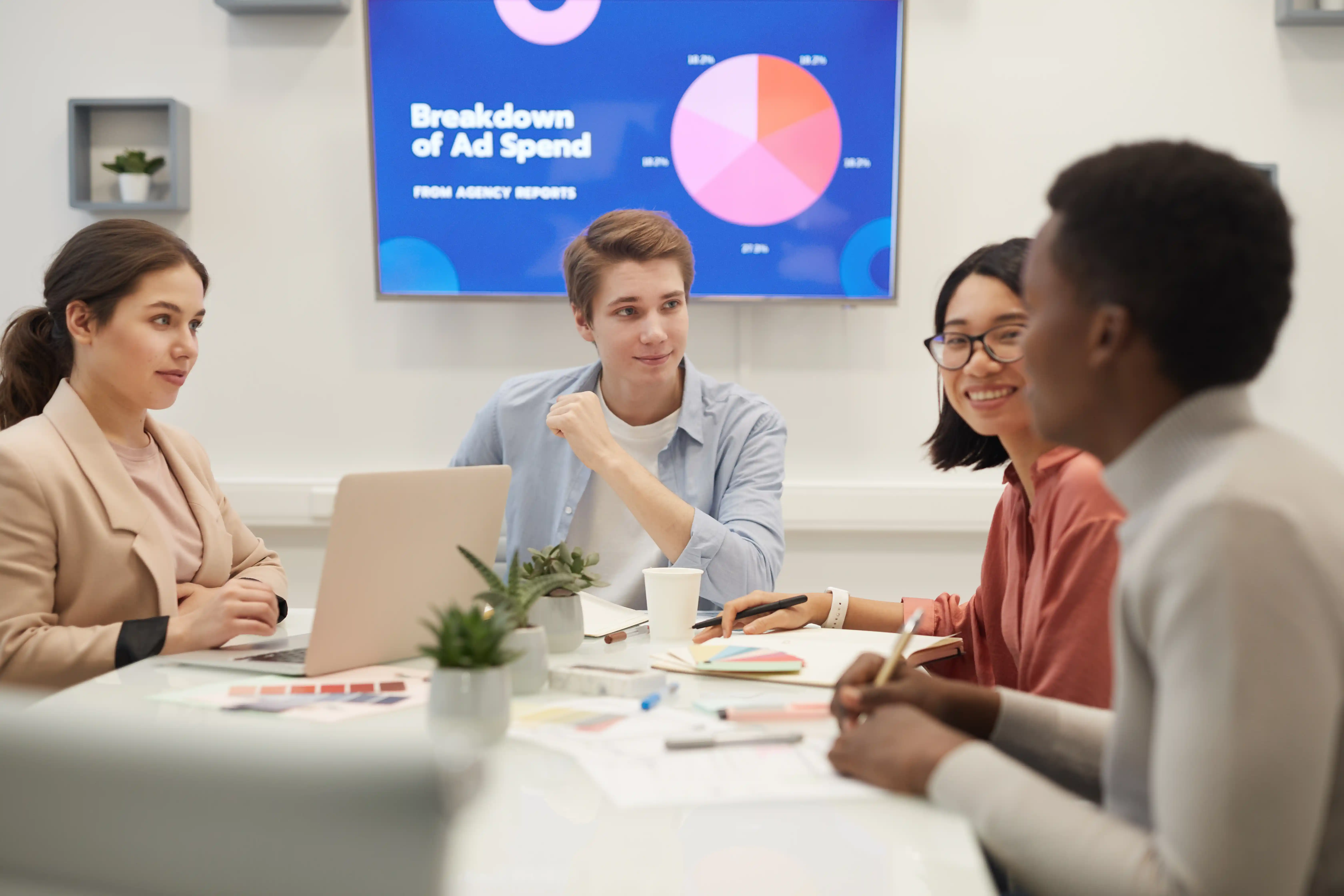 Marketing team discussing advertising spend and campaign direction